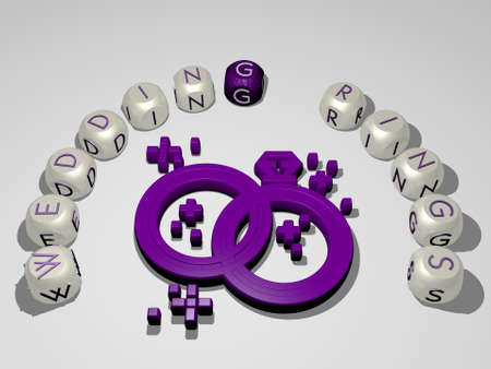 3D graphical image of WEDDING RINGS vertically along with text built around the icon by metallic...