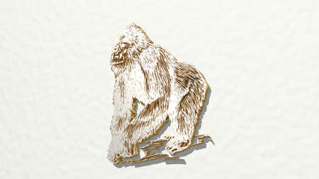 monkey on the wall. 3D illustration of metallic sculpture over a white background with mild texture....