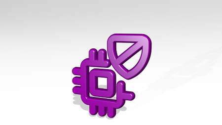 COMPUTER CHIP SHIELD from a perspective with the shadow. A thick sculpture made of metallic materials of 3D rendering. illustration and businessの写真素材