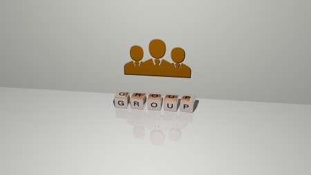 3D graphical image of GROUP vertically along with text built by metallic cubic letters from the top perspective, excellent for the concept presentation and slideshows. background and illustrationの写真素材
