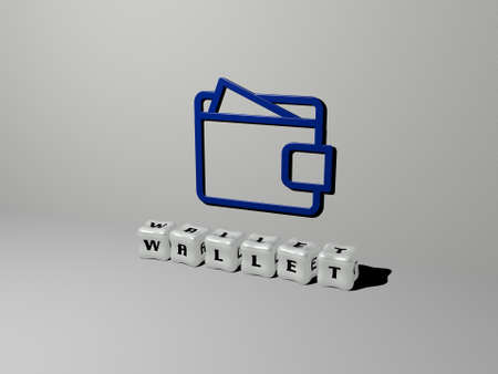 3D graphical image of WALLET vertically along with text built by metallic cubic letters from the top...