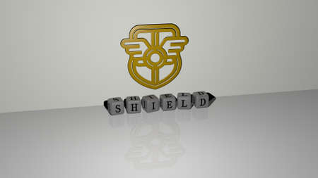 3D illustration of SHIELD graphics and text made by metallic dice letters for the related meanings...