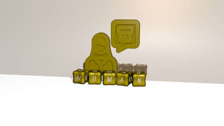 3D illustration of WOMAN graphics and text made by metallic dice letters for the related meanings of...