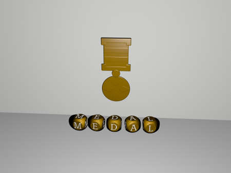 3D representation of MEDAL with icon on the wall and text arranged by metallic cubic letters on a mirror floor for concept meaning and slideshow presentation. illustration and awardの写真素材