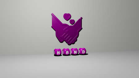 3D representation of hand with icon on the wall and text arranged by metallic cubic letters on a mirror floor for concept meaning and slideshow presentation. illustration and backgroundの写真素材