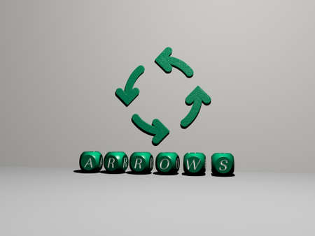 3D representation of ARROWS with icon on the wall and text arranged by metallic cubic letters on a mirror floor for concept meaning and slideshow presentation. illustration and backgroundの写真素材