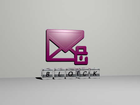 3D graphical image of BLOCK vertically along with text built by metallic cubic letters from the top...