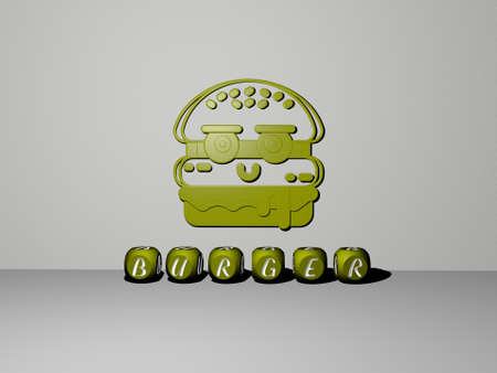 3D illustration of burger graphics and text made by metallic dice letters for the related meanings of the concept and presentations. food and backgroundの写真素材