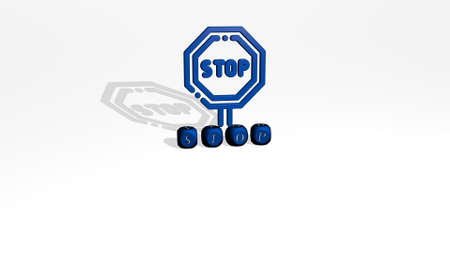 3D graphical image of STOP vertically along with text built by metallic cubic letters from the top perspective, excellent for the concept presentation and slideshows. illustration and signの写真素材