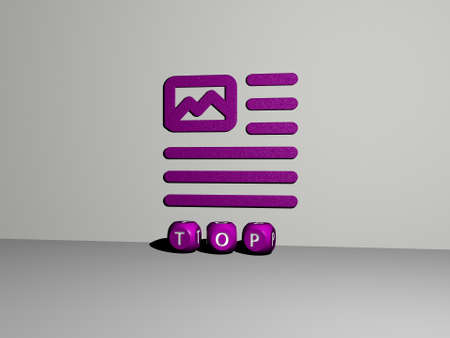 3D illustration of top graphics and text made by metallic dice letters for the related meanings of...