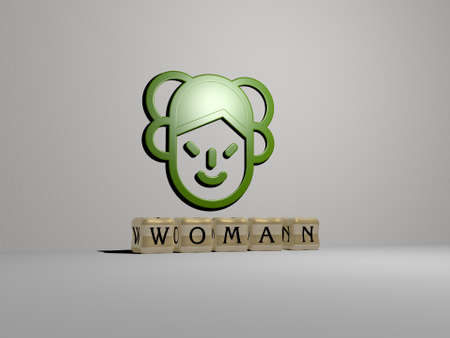 3D representation of woman with icon on the wall and text arranged by metallic cubic letters on a mirror floor for concept meaning and slideshow presentation. beautiful and youngの写真素材