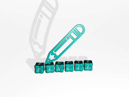 3D representation of PENCIL with icon on the wall and text arranged by metallic cubic letters on a...