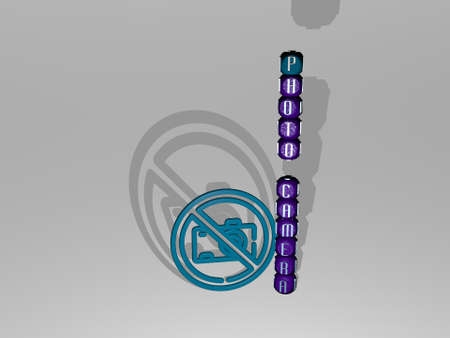 3D representation of photo camera with icon on the wall and text arranged by metallic cubic letters on a mirror floor for concept meaning and slideshow presentation. background and beautifulの写真素材