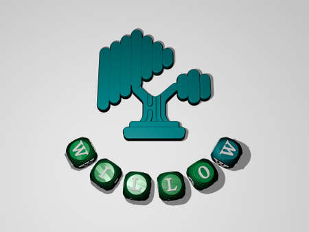 3D representation of WILLOW with icon on the wall and text arranged by metallic cubic letters on a...
