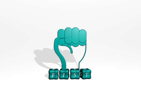 3D representation of fist with icon on the wall and text arranged by metallic cubic letters on a mirror floor for concept meaning and slideshow presentation. illustration and backgroundの写真素材