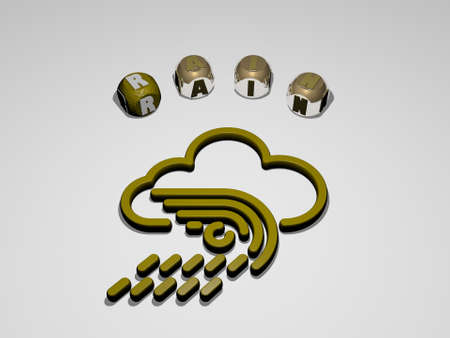 3D graphical image of RAIN vertically along with text built around the icon by metallic cubic letters from the top perspective, excellent for the concept presentation and slideshows. background andの写真素材