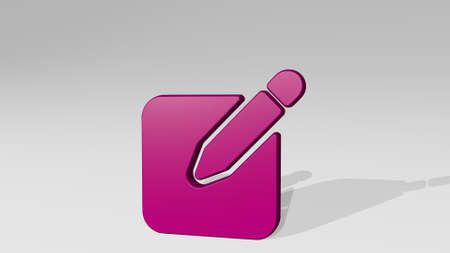 PENCIL WRITE stand with shadow. 3D illustration of metallic sculpture over a white background with...