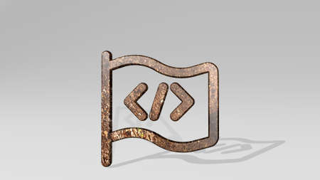 programming flag casting shadow with two lights. 3D illustration of metallic sculpture over a white...