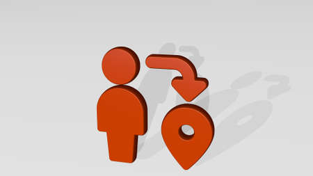 travel user pin from a perspective with the shadow. A thick sculpture made of metallic materials of...