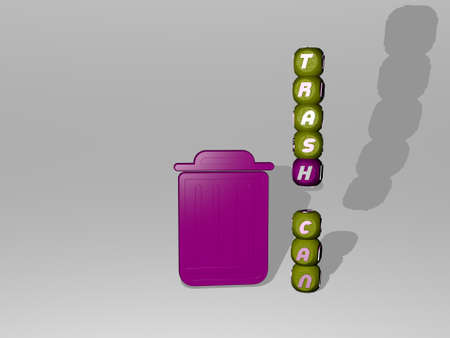 3D representation of trash can with icon on the wall and text arranged by metallic cubic letters on a mirror floor for concept meaning and slideshow presentation. garbage and illustrationの写真素材