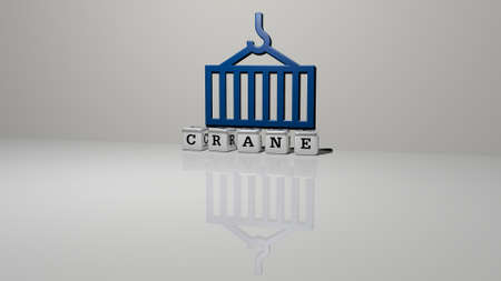 3D graphical image of crane vertically along with text built by metallic cubic letters from the top...