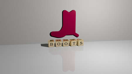3D illustration of BOOTS graphics and text made by metallic dice letters for the related meanings of the concept and presentations. background and blackの写真素材