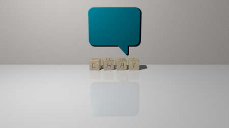 3D graphical image of CHAT vertically along with text built by metallic cubic letters from the top...