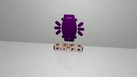 3D graphical image of pipe vertically along with text built by metallic cubic letters from the top perspective, excellent for the concept presentation and slideshows. illustration and backgroundの写真素材