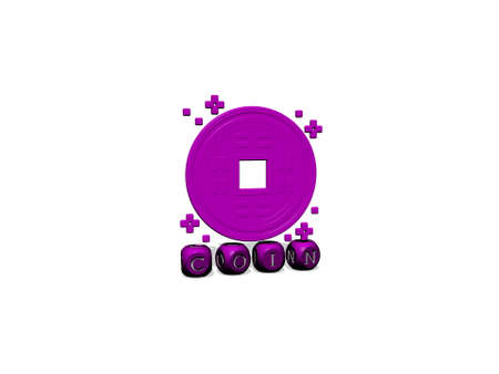 3D representation of COIN with icon on the wall and text arranged by metallic cubic letters on a mirror floor for concept meaning and slideshow presentation. illustration and businessの写真素材