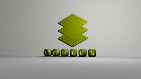 3D graphical image of layers vertically along with text built by metallic cubic letters from the top...