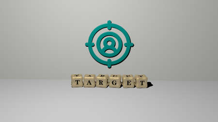 3D graphical image of TARGET vertically along with text built by metallic cubic letters from the top perspective, excellent for the concept presentation and slideshows. illustration and businessの写真素材