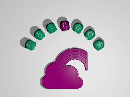 3D graphical image of RAINBOW vertically along with text built around the icon by metallic cubic...