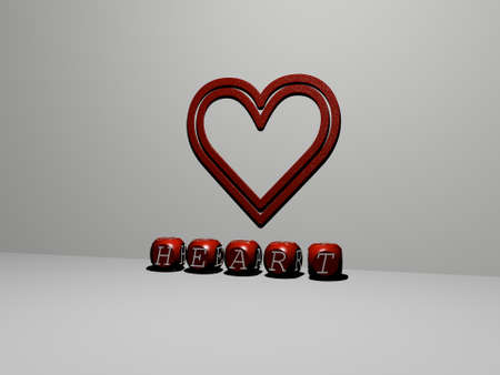 3D representation of heart with icon on the wall and text arranged by metallic cubic letters on a...
