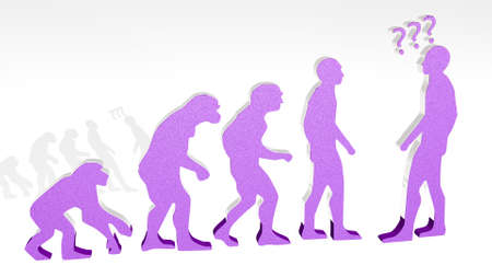 QUESTION OF EVOLUTION OF HUMAN made by 3D illustration of a shiny metallic sculpture on a wall with...