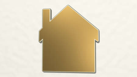 HOME on the wall. 3D illustration of metallic sculpture over a white background with mild texture. house and designの写真素材