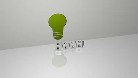 3D representation of bulb with icon on the wall and text arranged by metallic cubic letters on a mirror floor for concept meaning and slideshow presentation. illustration and backgroundの写真素材