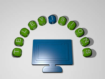 3D representation of televisions with icon on the wall and text arranged by metallic cubic letters...