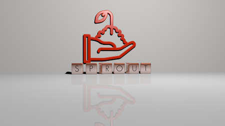 3D illustration of SPROUT graphics and text made by metallic dice letters for the related meanings...