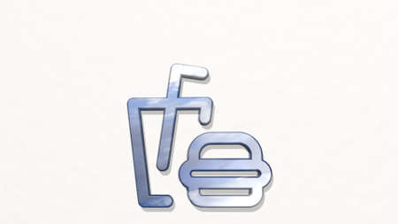 fast food burger drink from a perspective on the wall. A thick sculpture made of metallic materials of 3D rendering. illustration and backgroundの写真素材