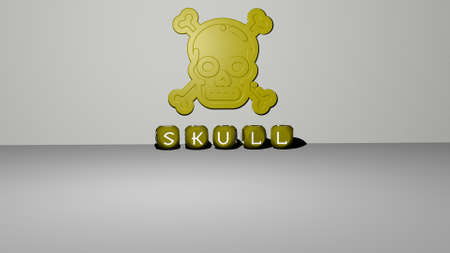 3D representation of SKULL with icon on the wall and text arranged by metallic cubic letters on a mirror floor for concept meaning and slideshow presentation. illustration and backgroundの写真素材