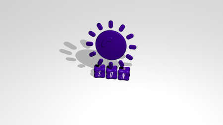 3D graphical image of SUN vertically along with text built by metallic cubic letters from the top perspective, excellent for the concept presentation and slideshows. background and illustrationの写真素材