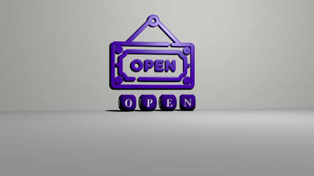 3D graphical image of open vertically along with text built by metallic cubic letters from the top perspective, excellent for the concept presentation and slideshows. background and illustrationの写真素材