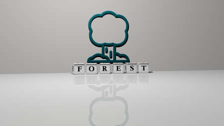 3D illustration of FOREST graphics and text made by metallic dice letters for the related meanings...