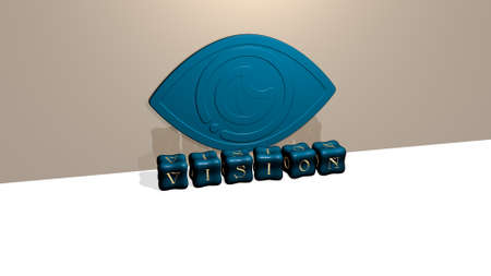 3D graphical image of vision vertically along with text built by metallic cubic letters from the top...