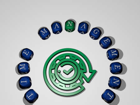 3D illustration of time management graphics and text around the icon made by metallic dice letters...