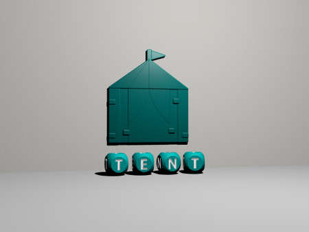3D graphical image of tent vertically along with text built by metallic cubic letters from the top...