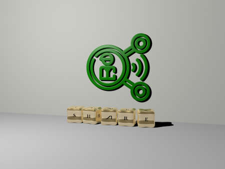 3D graphical image of share vertically along with text built by metallic cubic letters from the top...