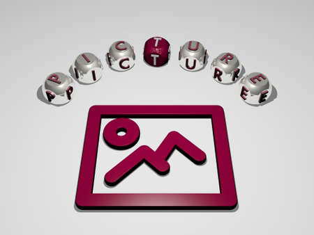 3D graphical image of PICTURE vertically along with text built around the icon by metallic cubic...