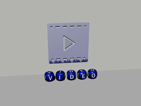 3D graphical image of VIDEO vertically along with text built by metallic cubic letters from the top...