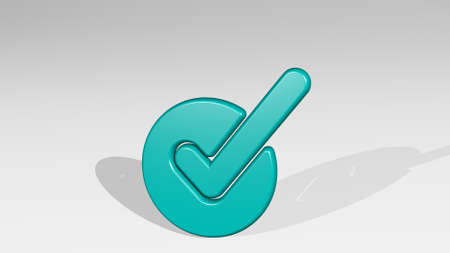 CHECK CIRCLE stand with shadow. 3D illustration of metallic sculpture over a white background with mild texture. business and iconの写真素材